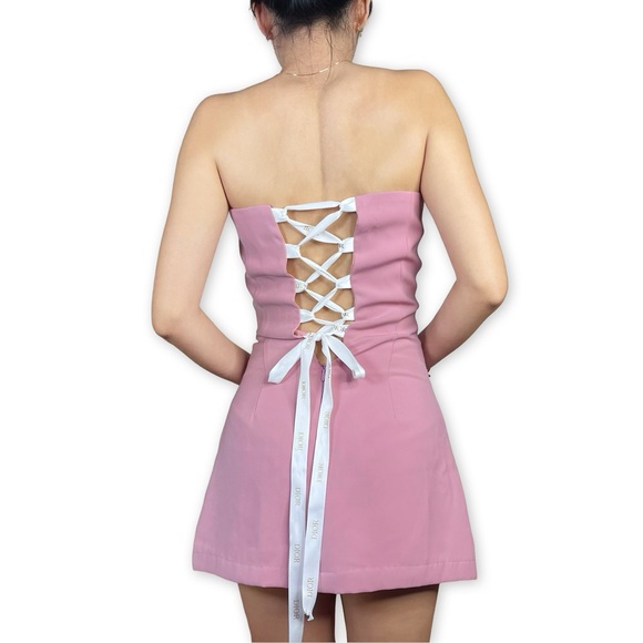 Upcycled Strapless Pink Muave Mini Dress with Dior Ribbon Lace-up Size XS - Picture 15 of 16